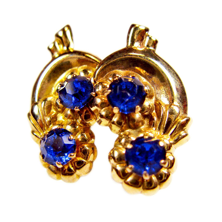 Solid 9 carat yellow gold pierced earrings in beautiful floral style with stunning deep blue synthetic stones