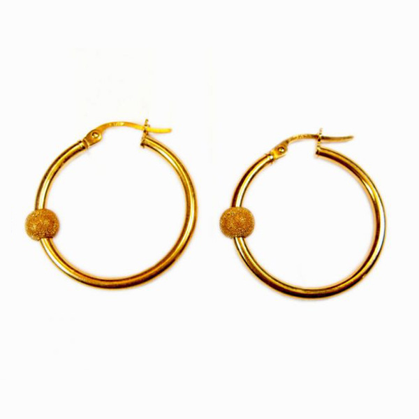 9 carat solid yellow gold medium size pierced hoop earrings with a floating/sliding ball