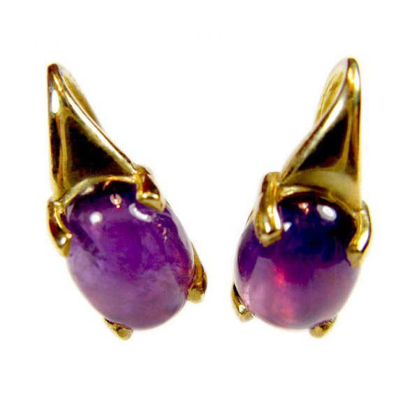 9 carat solid yellow gold pierced earrings with beautiful oval shaped, genuine amethyst cabochon gemstones