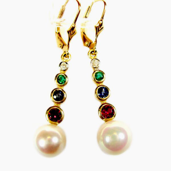 42mm long drop pierced earrings with natural diamonds, emeralds, ceylon sapphires, garnets and cultured pearls set in 9 carat solid yellow gold