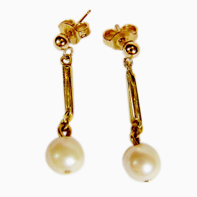 9 carat solid yellow gold drop pierced earrings with hanging cultured pearls