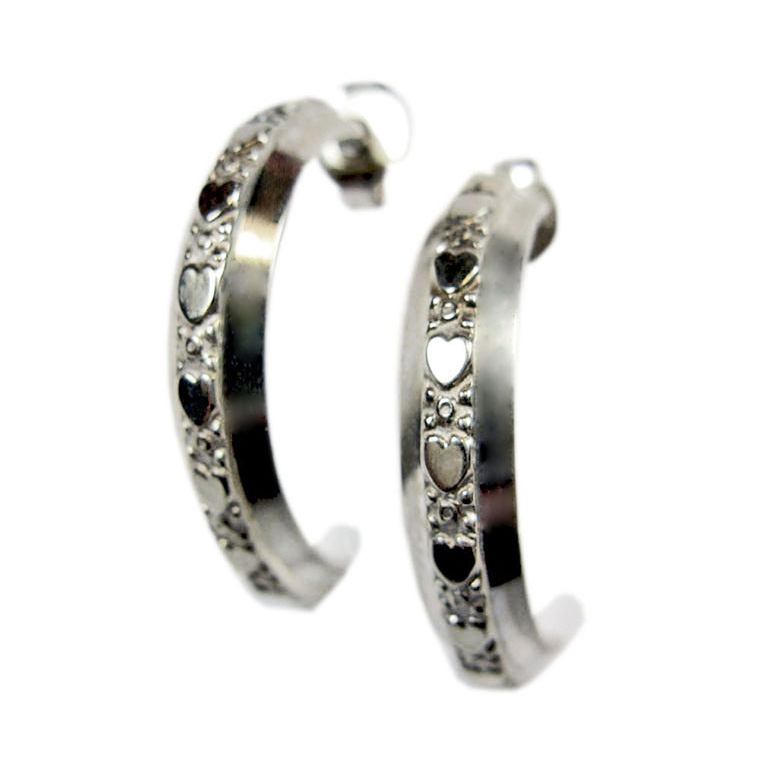 18 carat solid white gold half hoop pierced earrings with embossed heart shaped motif