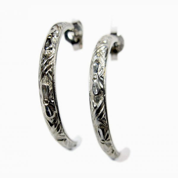 18 carat solid white gold half hoop pierced earrings with embossed floral shaped motif