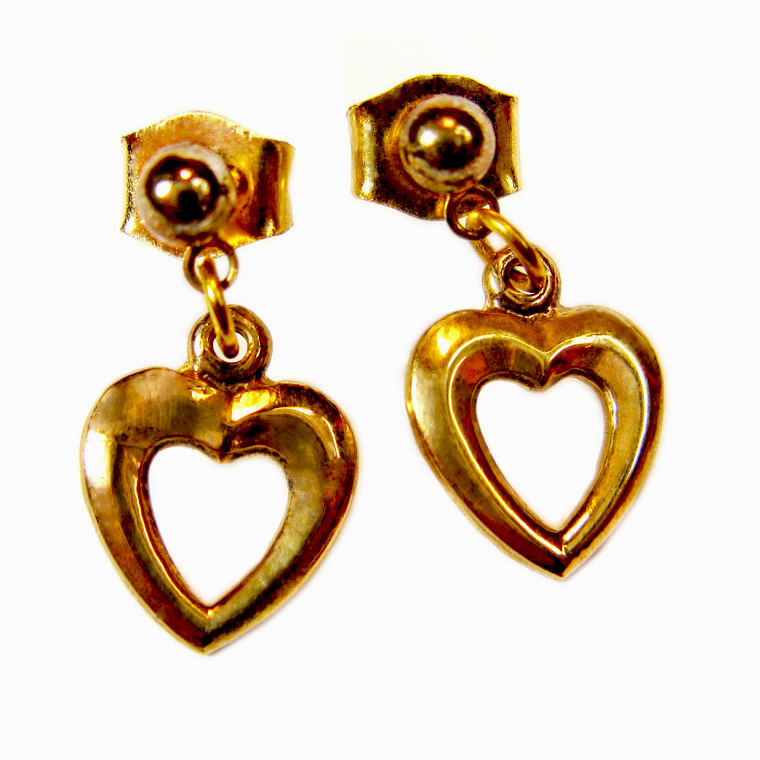 9 carat solid yellow gold hanging hearts pierced earrings