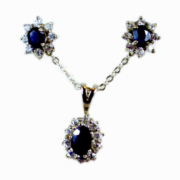 Sterling Silver pierced earrings & pendant set with natural deep blue Australian sapphire gemstones encircled with natural diamonds