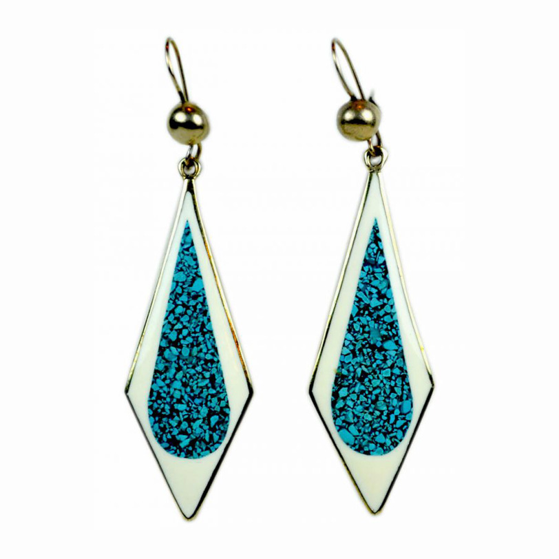 Retro period Sterling Silver long enamelled drop earrings completely Sterling Silver backed