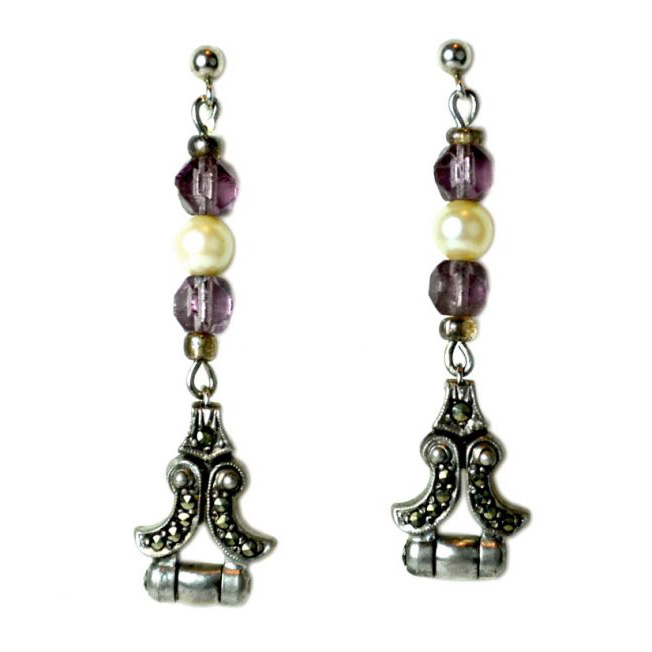 Sterling Silver art deco marcasite dangling drop earrings with genuine amethyst vintage beads and 5mm pearls