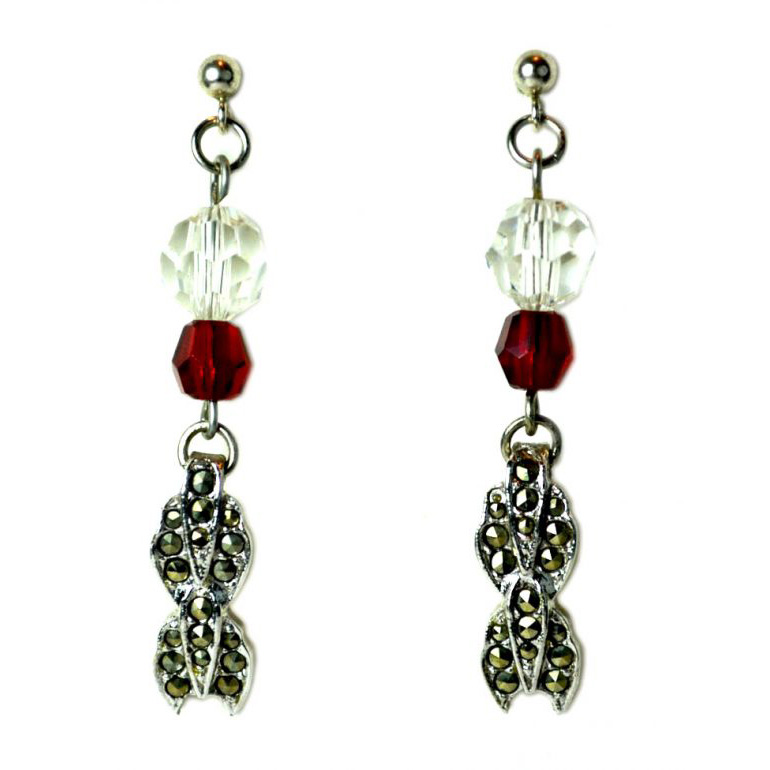 Sterling Silver art deco marcasite dangling drop earrings with genuine red garnet and Austrian crystal vintage beads